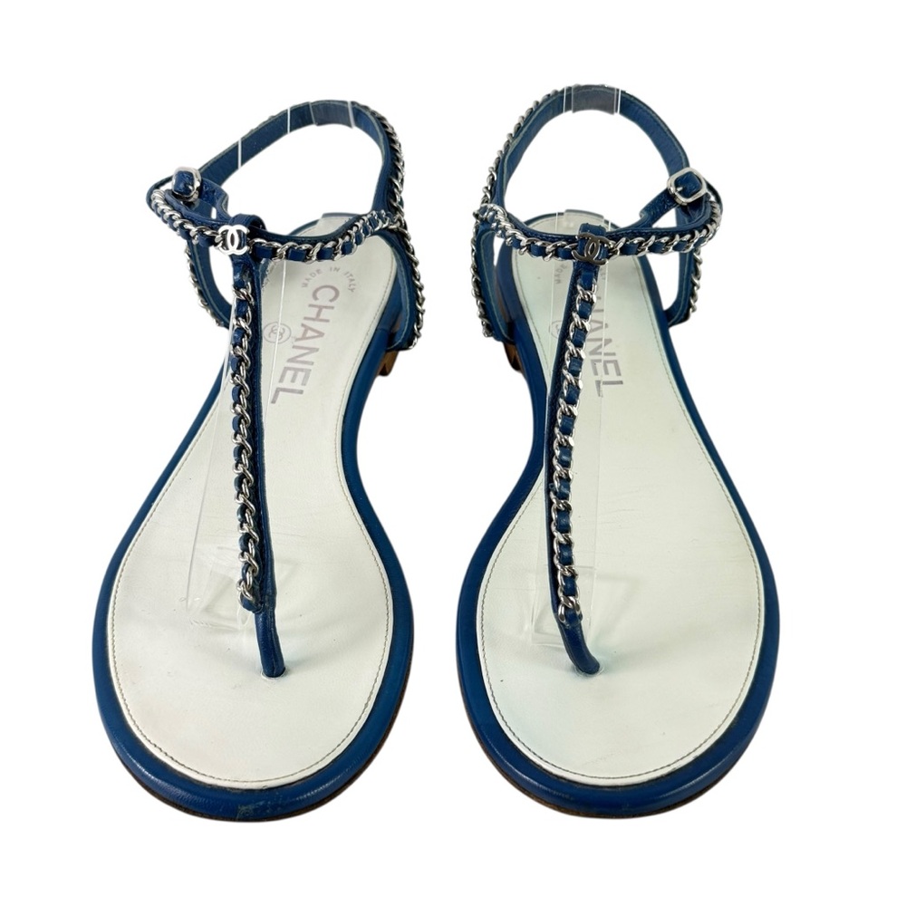 CHANEL CC Blue Leather Silver Chain Strappy Thong Sandals Marked as 37 - 7 US